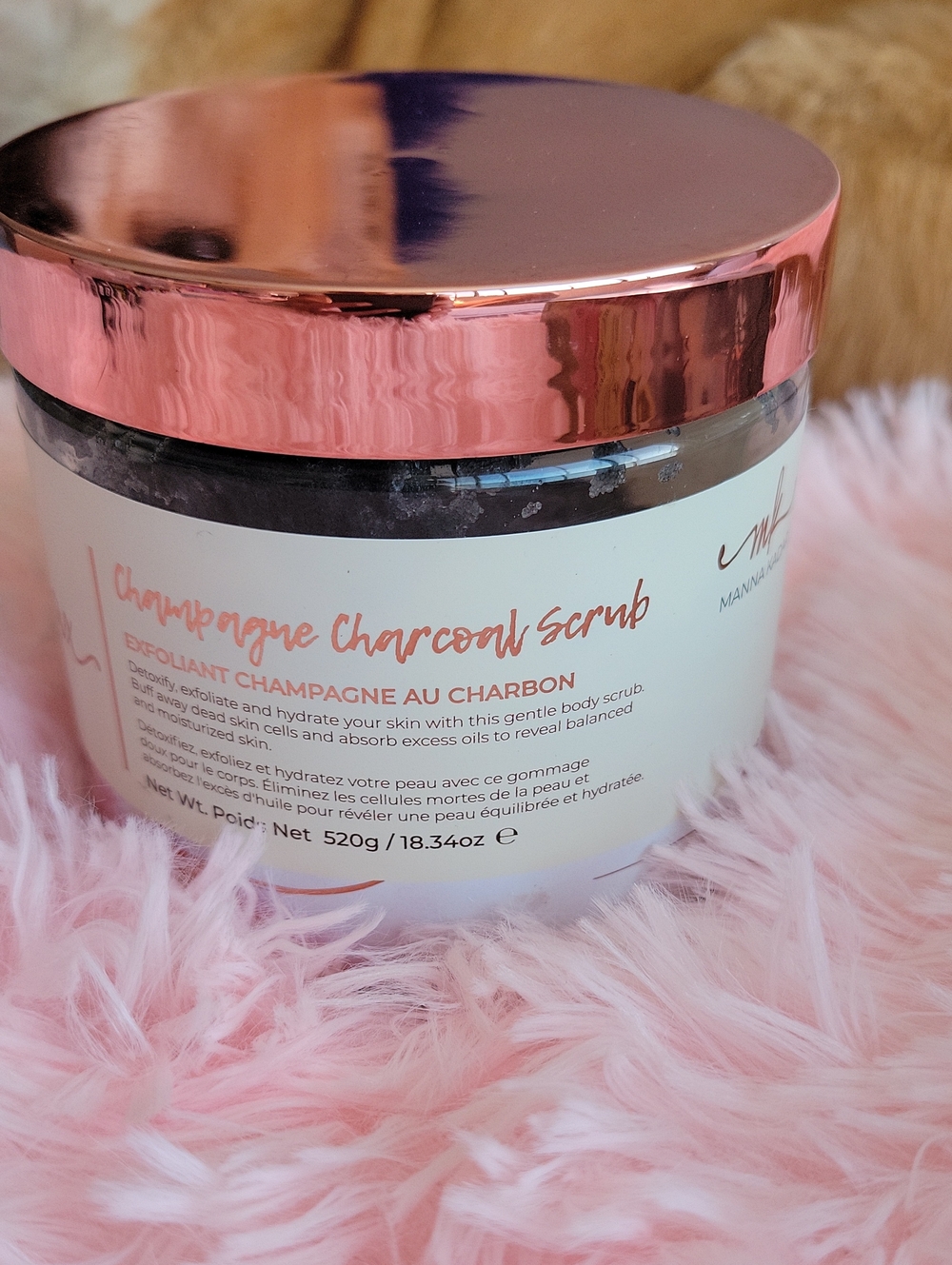 Manna Kadar Champagne Charcoal Scrub - Rose Gold Lid, White Jar